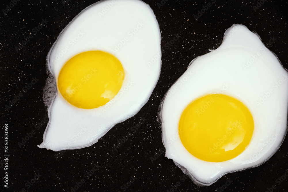 Raw fried eggs.Tasty over easy fried egg in frying pan, closeup Raw fried eggs.Tasty over easy fried egg in frying pan, closeup