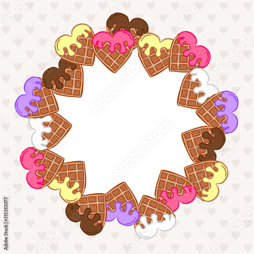 Frame made of cream wafer chocolate hearts. Vector template on the theme of love, weddings and for Valentine's Day. Waffle hearts arranged in a circle. Round waffle frame for decoration.