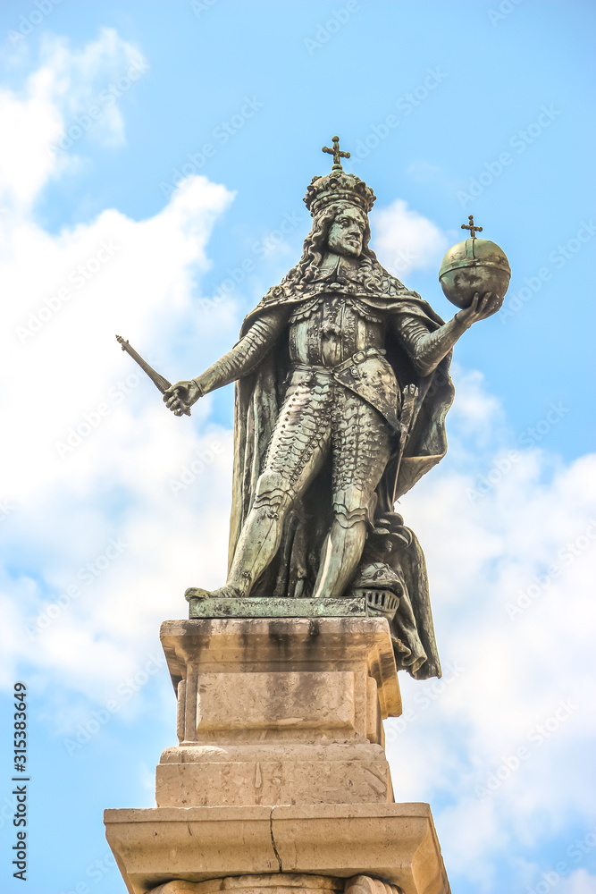 Trieste, Italy. Leopoldo I D'Asburgo statue in front of Chamber of commerce (Camera di Commercio, Industria, Artigianato e Agricoltura Venezia Giulia).