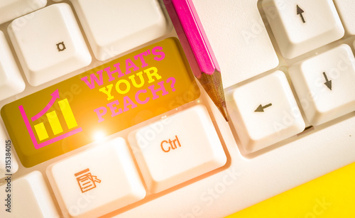 Text sign showing What S Is Your Peach question. Business photo text an exceptionally good demonstrating or thing White pc keyboard with empty note paper above white background key copy space photo