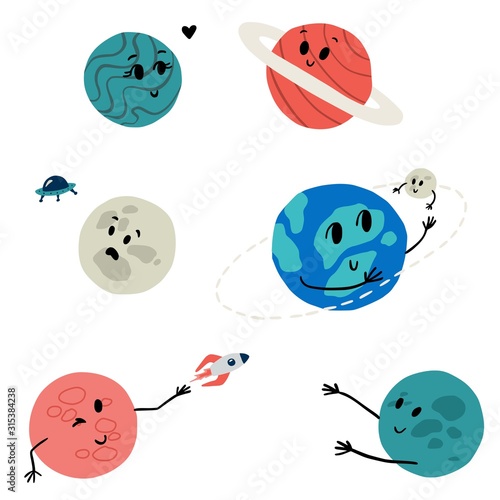 Cartoon set of planets showing different emotions. Vector illustration.