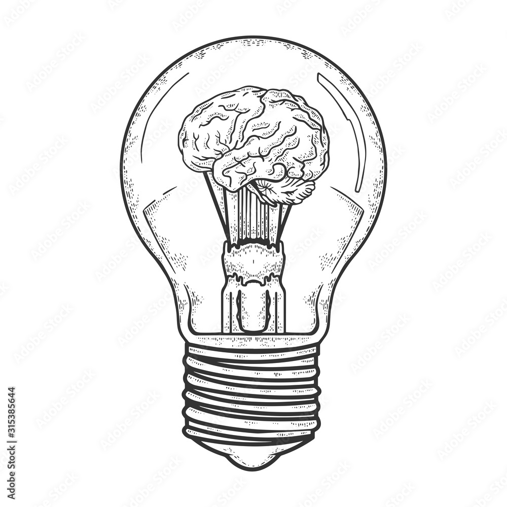 Lamp bulb with brain inside sketch engraving vector illustration. T-shirt apparel print design. Scratch board imitation. Black and white hand drawn image.