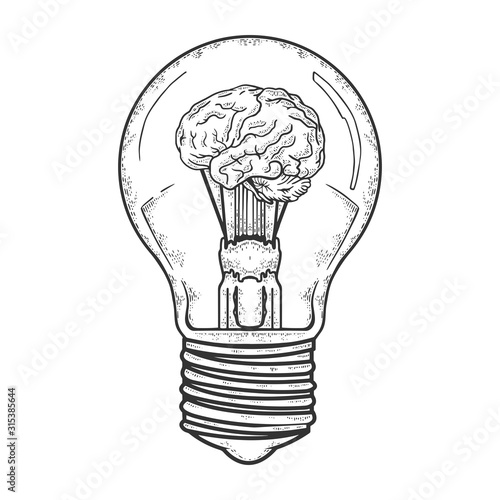 Lamp bulb with brain inside sketch engraving vector illustration. T-shirt apparel print design. Scratch board imitation. Black and white hand drawn image.