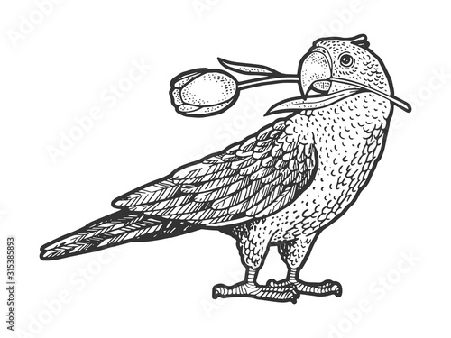 Parrot bird with tulip flower in its beak sketch engraving vector illustration. T-shirt apparel print design. Scratch board style imitation. Hand drawn image.