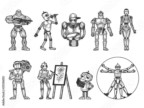 Robots set sketch engraving vector illustration. T-shirt apparel print design. Scratch board imitation. Black and white hand drawn image. photo