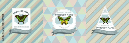 Three colored labels with illustration of papilio palinurus, ornithoptera goliath