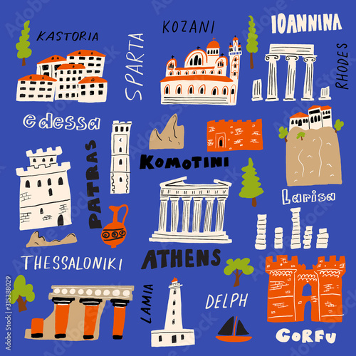 Vector illustration of different attractions and landmarks of Greece with city names