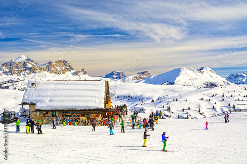 Dolomites landscape panorama in winter, Italy on the Sella Ronda ski circuit photo