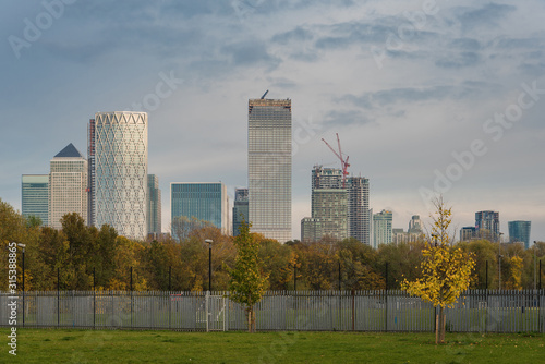 Newly Built Modern Skyscrapers in Canary Wharf District View From the Public Park