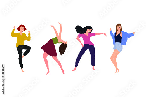 Female dancers. Group of young happy dancing people, dancing characters. isolated on white background. Smiling young women enjoying dance party. Colorful vector illustration in flat cartoon style.