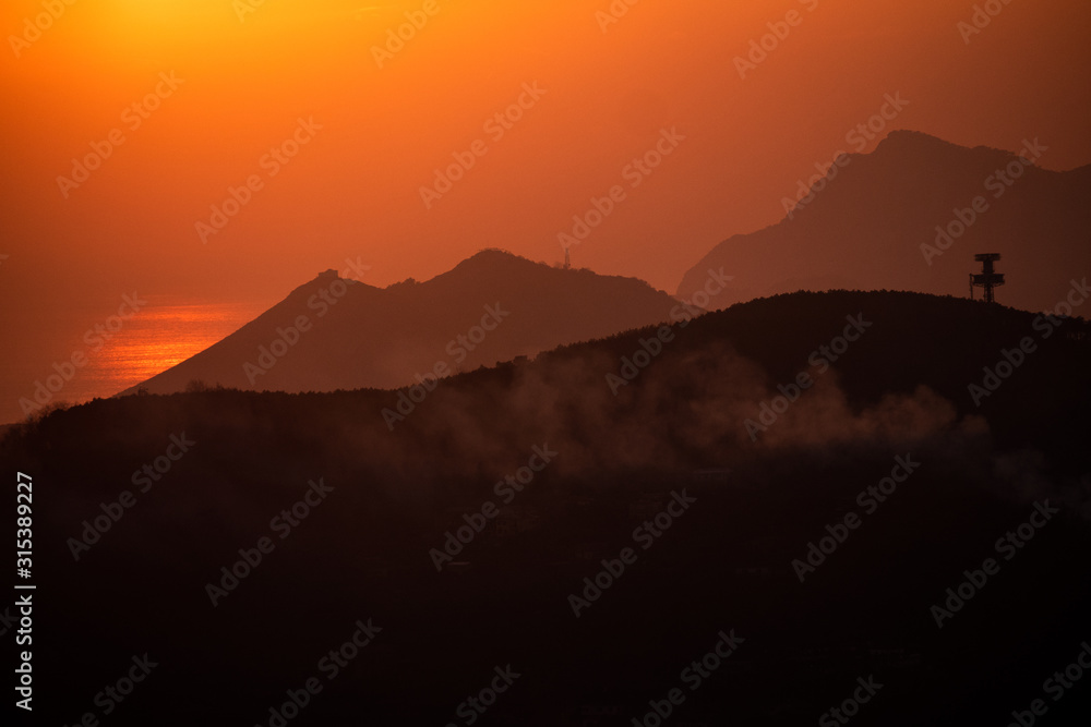 beautiful sunset over Capri, Vico Alvano Mount, Naples, Campania, Italy, Europe