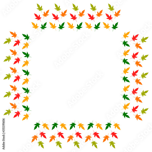Square frame of vertical autumn leaves. Isolated nature frame on white background for your design.