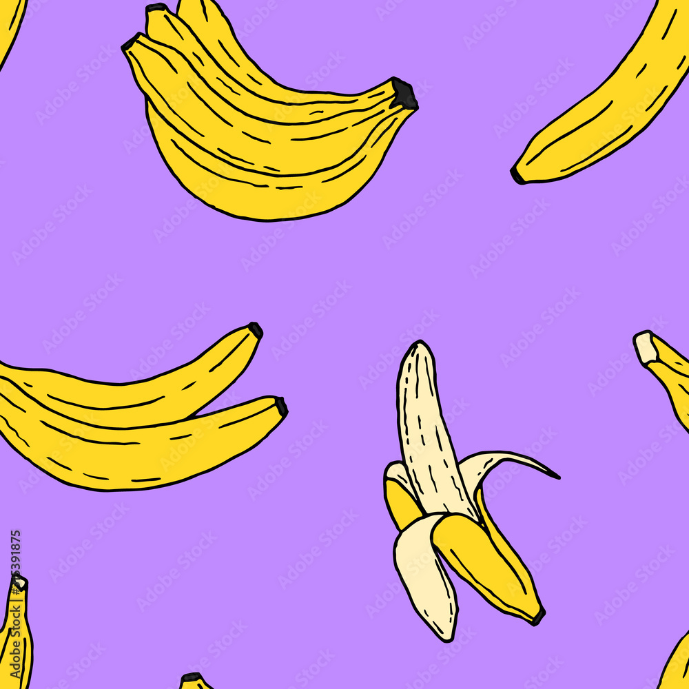 Colorful seamless pattern of banana doodles. Vector cartoon background. Hand-drawn style.