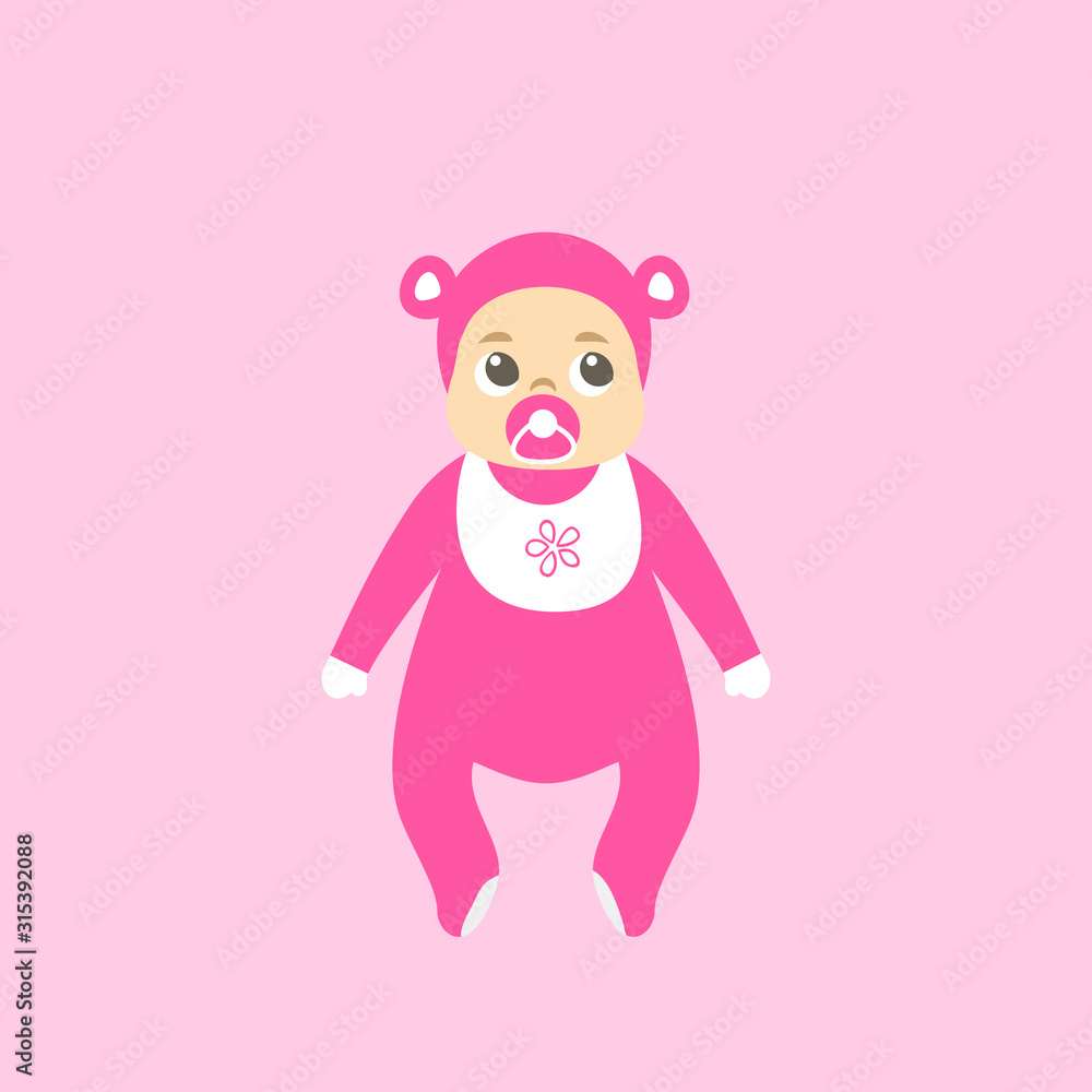 Baby girl dressed in pink bodysuit and cap with ears, with pacifier in mouth, isolated on pink background Baby girl dressed in pink bodysuit and cap with ears, with pacifier in mouth, isolated on pink background