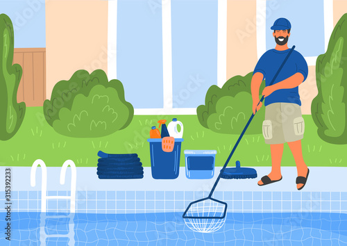 Pool maintenance. Swimming pool cleaner with house or hotel building behind him.