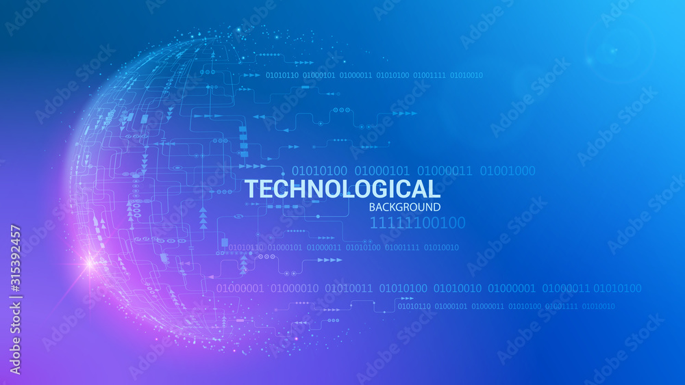 Abstract blue holographic sphere. Vector. Modern technology background. Global communication system, information flow, matrix and binary code. High-tech future, the development of science.
