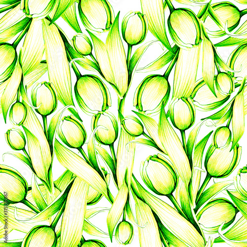 Spring pattern with tulips  spring flower. March 8. green  olive Dutch tulips  vintage pencil drawing  hand drawing. field of tulips. Stock illustration. Background for wallpaper  textile  paper.