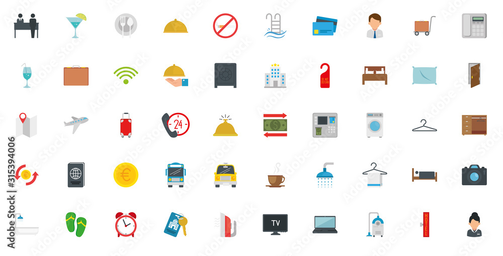 Hotel icon set design of travel service reception room resort accommodation motel lobby and vacation theme Vector illustration Hotel icon set design of travel service reception room resort accommodation motel lobby and vacation theme Vector illustration