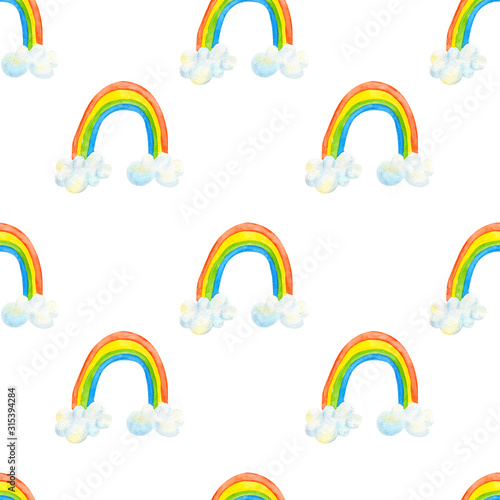 Seamless pattern with rainbow  clouds for kids. Pattern in hand drawn style for poster  fabric  wallpaper  textile  wrapping paper. Watercolor illustration.