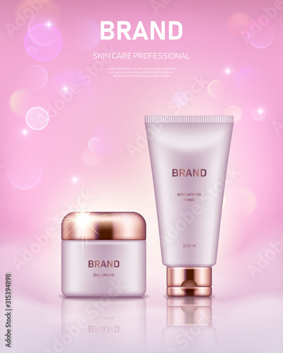 Realistic cream jar and tube with golden lids on pastel pink background with bokeh lights. Advertising poster for the promotion of cosmetic skin care premium product