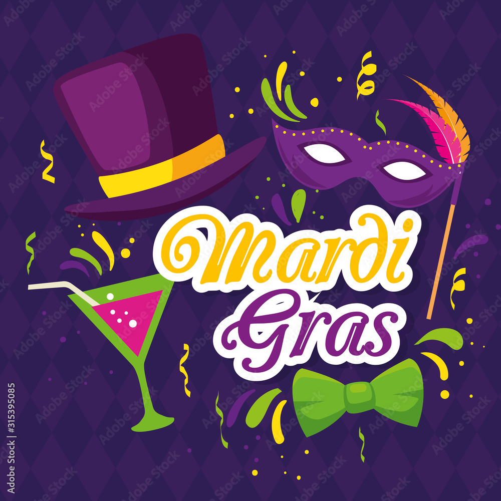 Mardi gras mask hat and cocktail design, Party carnival decoration celebration festival holiday fun new orleans and traditional theme Vector illustration