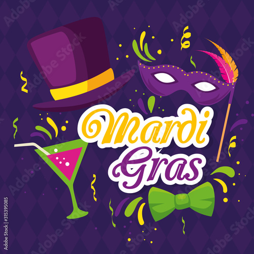 Mardi gras mask hat and cocktail design, Party carnival decoration celebration festival holiday fun new orleans and traditional theme Vector illustration