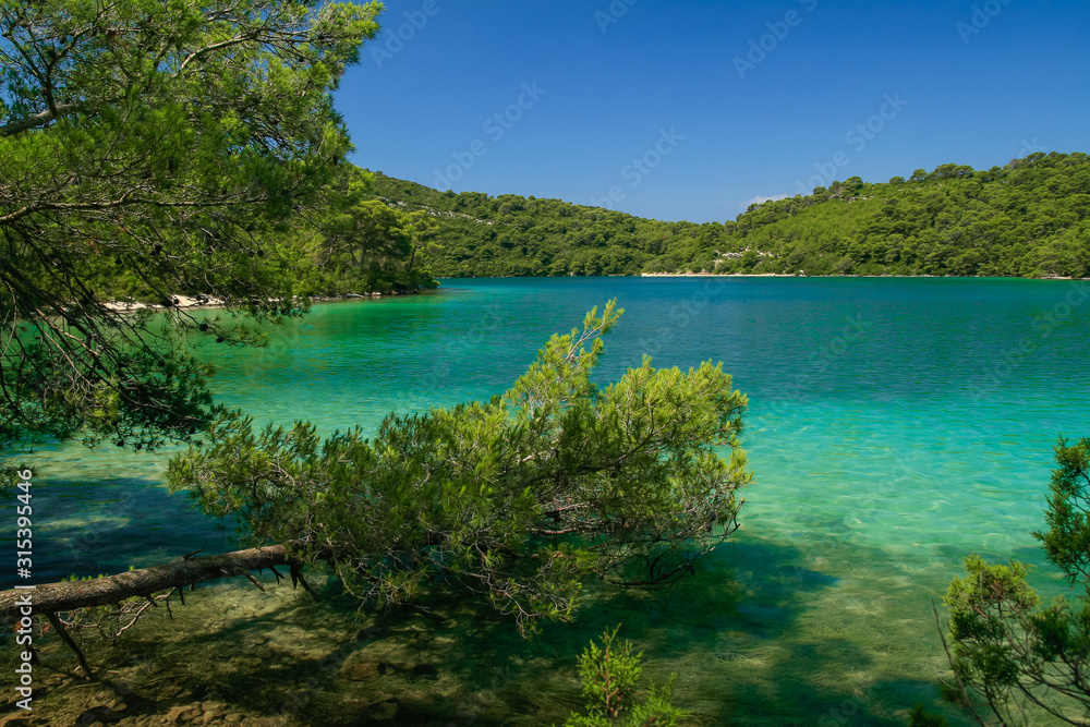 turquoise blue water lake with wooded hills, Malo Jezero, Mljet National Park, Croatia