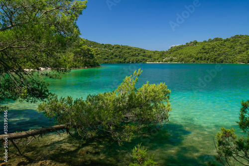 turquoise blue water lake with wooded hills, Malo Jezero, Mljet National Park, Croatia