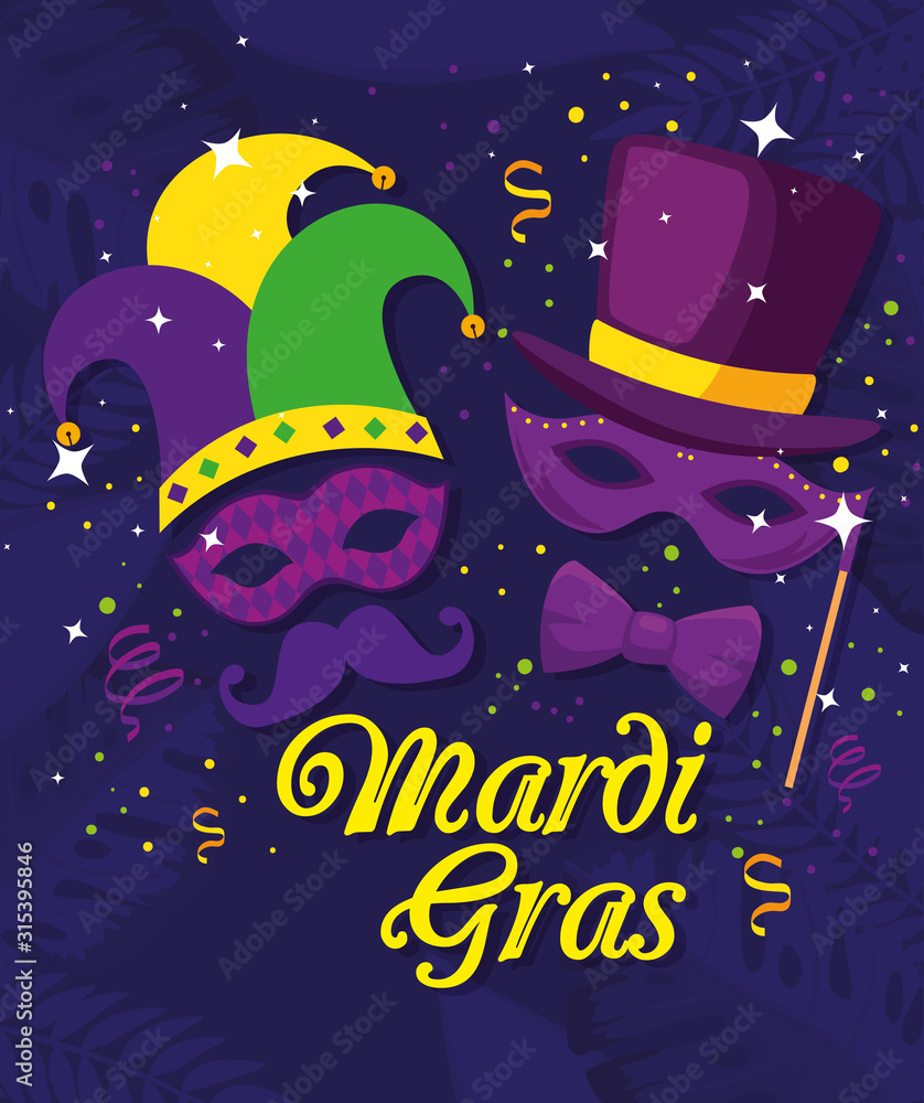 Mardi gras masks with hats design, Party carnival decoration celebration festival holiday fun new orleans and traditional theme Vector illustration