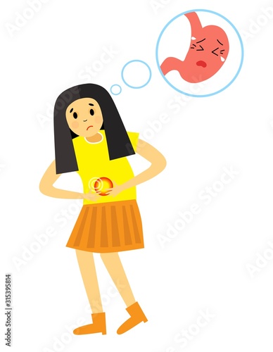 The girl was bent from abdominal pain. Gastritis pain attack. Stomach disease.