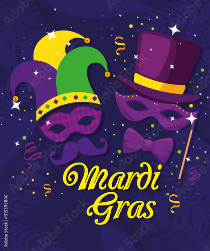 Mardi gras masks with hats design, Party carnival decoration celebration festival holiday fun new orleans and traditional theme Vector illustration