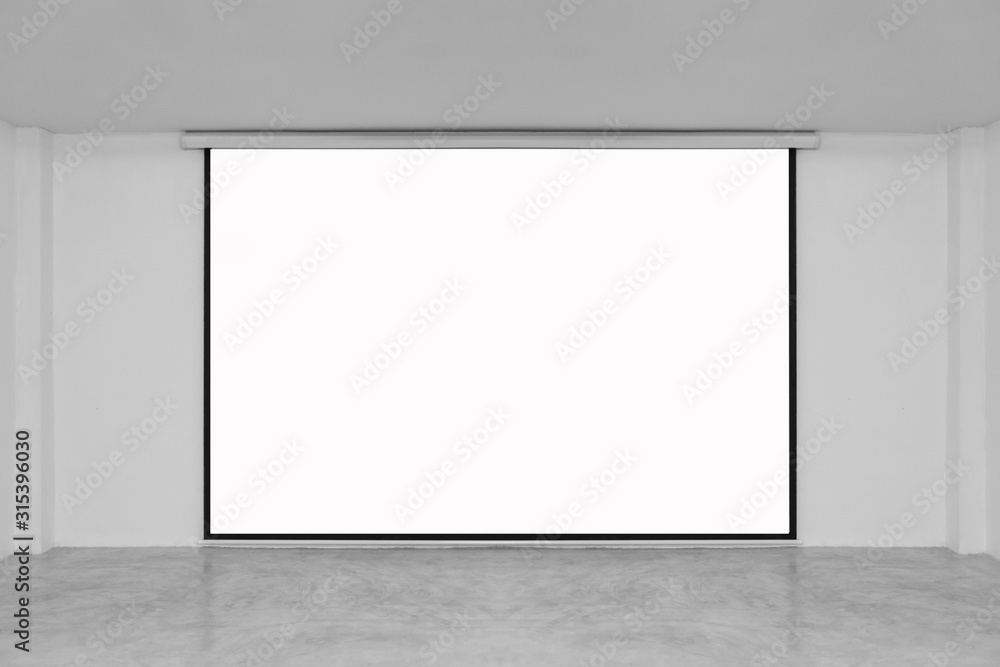 lecture room with empty white projector screen lecture room with empty white projector screen