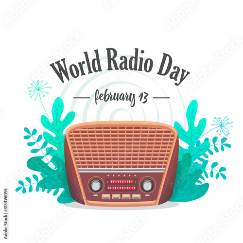 Banner international flat day radio isolated. For website, poster, brochure. Brown radio receiver in nature. Broadcast music. Abstract vector illustration