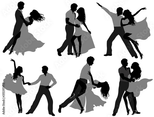 Set of dancing couple silhouettes. Isolated on white.