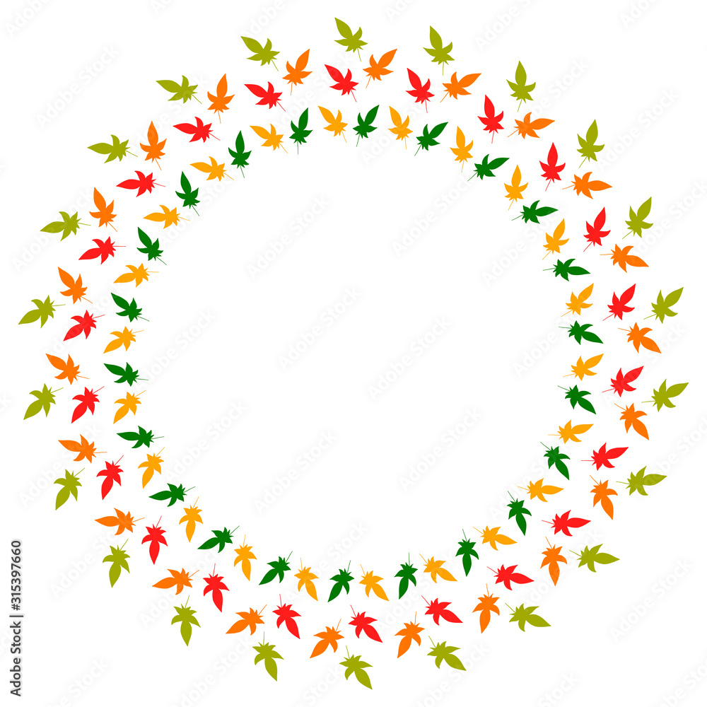 Round frame of vertical autumn  leaves. Isolated nature frame on white background for your design.