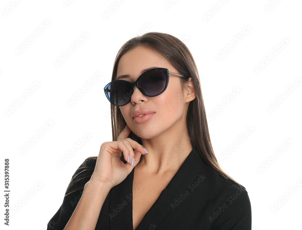 Beautiful young woman wearing sunglasses on white background Beautiful young woman wearing sunglasses on white background