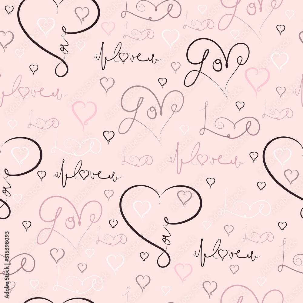 Seamless pattern with hearts and the inscription love