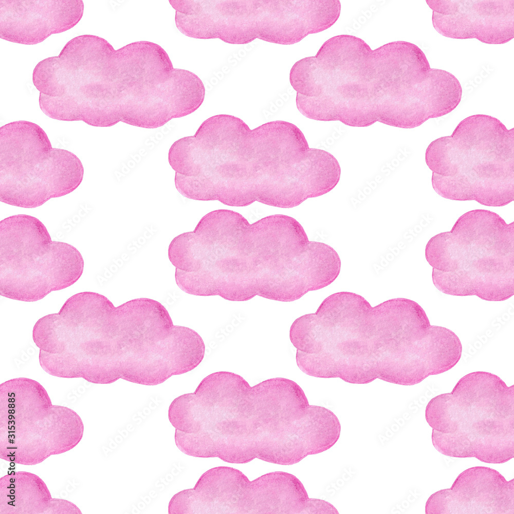 watercolor illustration Seamless pattern Valentine's day pink clouds on a white background