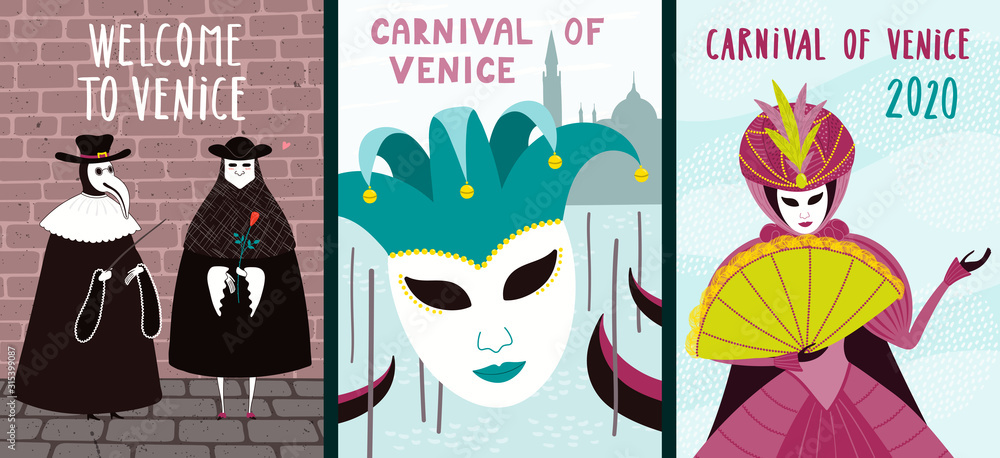 Obraz premium Set of carnival posters with people in costumes, masks, gondolas, Italian text Benvenuti a Venezia, Welcome to Venice. Hand drawn vector illustration. Flat style design. Concept for flyer, banner.