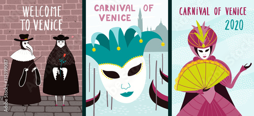 Set of carnival posters with people in costumes, masks, gondolas, Italian text Benvenuti a Venezia, Welcome to Venice. Hand drawn vector illustration. Flat style design. Concept for flyer, banner.