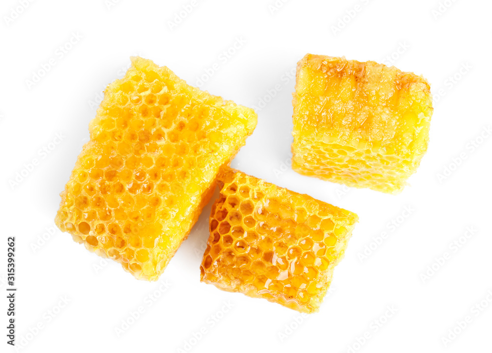 Fresh delicious sweet honeycombs isolated on white, top view