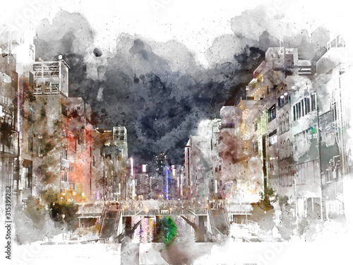 Fototapeta Naklejka Na Ścianę i Meble -  Abstract colorful cityscape buiding and walking street in Osaka, Japan on watercolor illustration painting background.