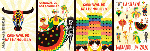 Set of Carnival of Barranquilla posters with people in traditional costumes, animal masks, tropical leaves, Spanish text. Hand drawn vector illustration. Flat style design. Concept for flyer, banner.