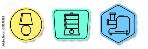 Set line Table lamp , Double boiler  and Kitchen meat grinder . Colored shapes. Vector