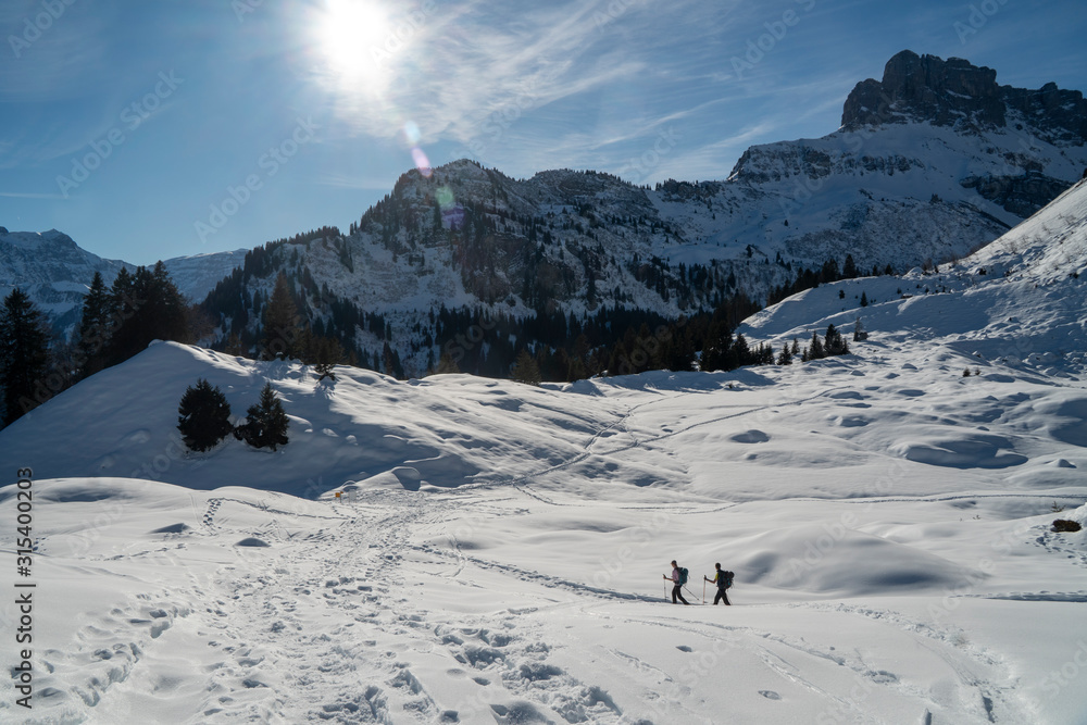 Schneeschuhtour: 2 Schneeschuhläufer in der verscheiten Alpenlandschaft