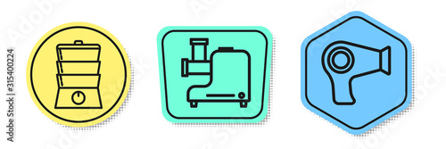 Set line Double boiler , Kitchen meat grinder  and Hair dryer . Colored shapes. Vector