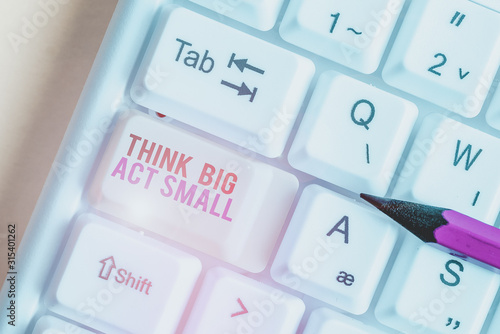 Handwriting text Think Big Act Small. Conceptual photo Great Ambitious Goals Take Little Steps one at a time White pc keyboard with empty note paper above white background key copy space photo