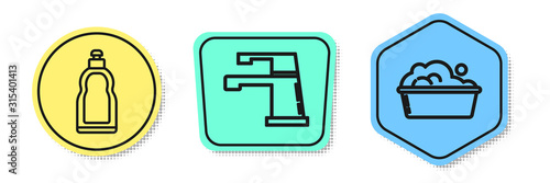 Set line Plastic bottles for liquid dishwashing liquid, Water tap  and Plastic basin with soap suds . Colored shapes. Vector