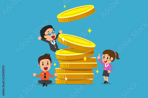 Cartoon business team with big coins for design.