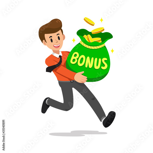 Cartoon businessman with big bonus money bag for design.